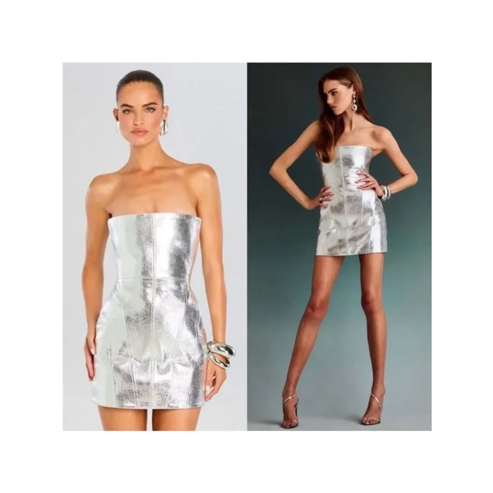 RETROFETE Casmir Leather Strapless Silver Mini Dress Size Medium